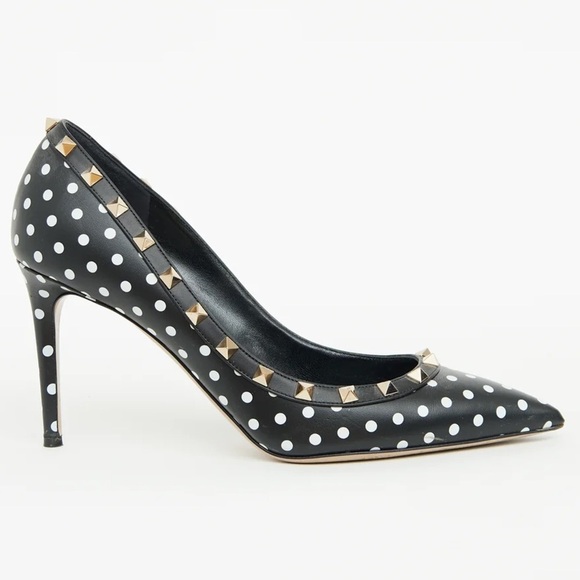 Valentino Garavani Shoes - Valentino Rockstud Studded Polkadot Pointed Toe Black Leather Pump Heels